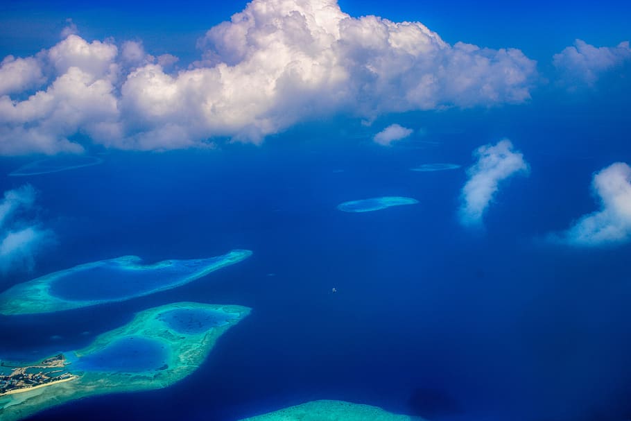 maldives, atoll from above, seascape, atolls, lagoon, paradise, landscape, sky, ocean, tropical