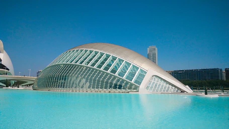 architecture, calatrava, valencia, blue, water, built structure, waterfront, day, outdoors, travel destinations