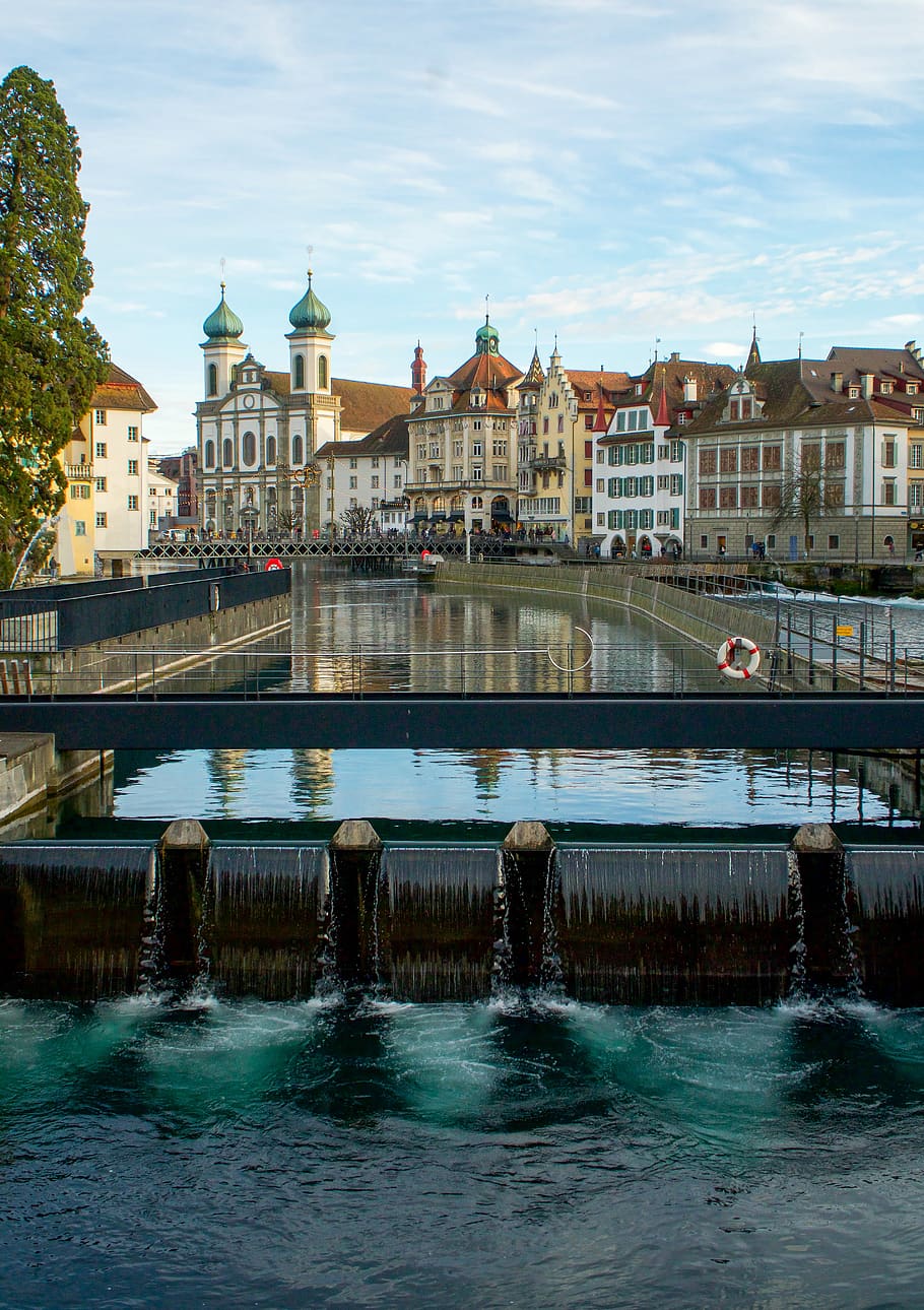 lucerne, switzerland, water, historic center, tourism, reuss, architecture, city, waterfall, built structure