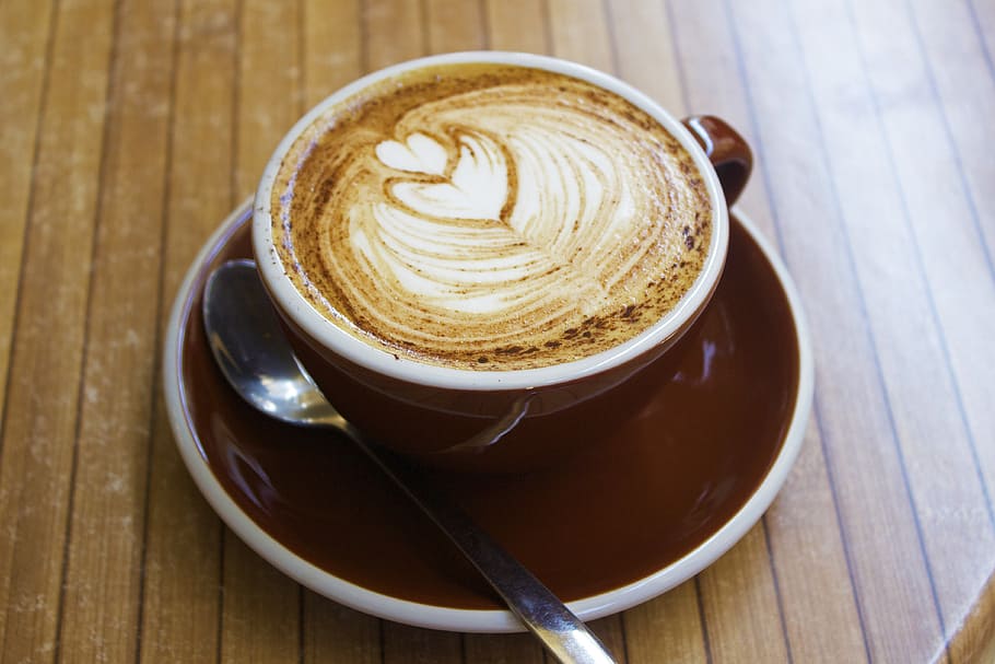 cappuccino cup, red, saucer, teaspoon, coffee, cup, cappuccino, break, breakfast, heart