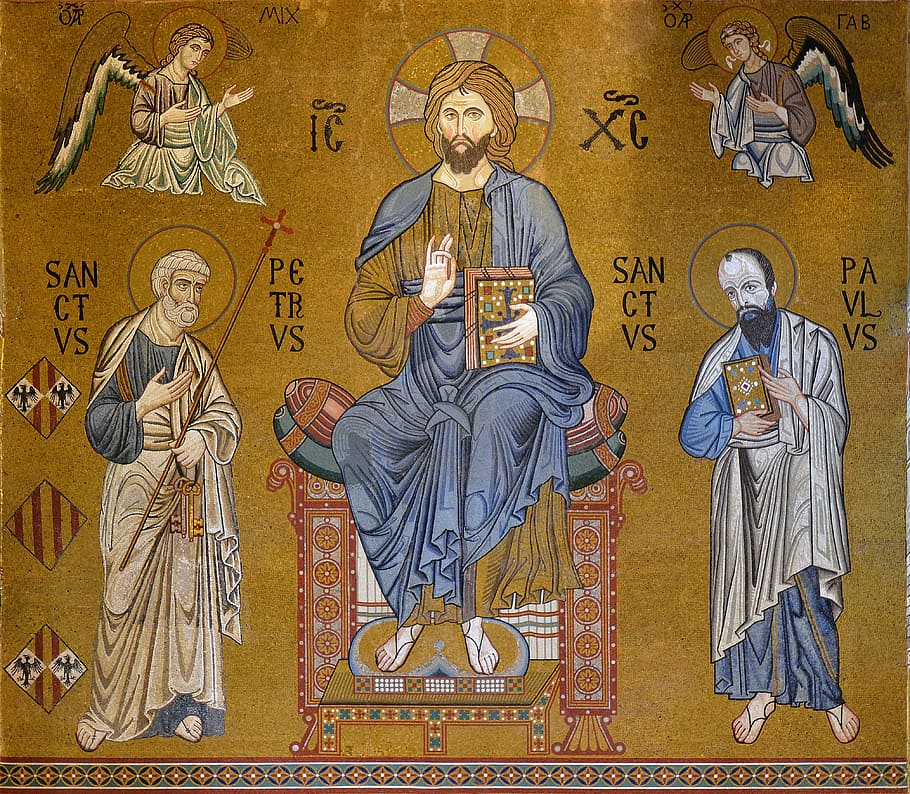 close-up, religious, poster, sicily, palatine chapel, mosaic, christ, œuvre of art, saint pierre, saint paul
