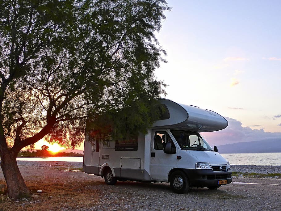 white, caravan, parked, tree, motorhome, camping, beach, sunset, alone, bliss