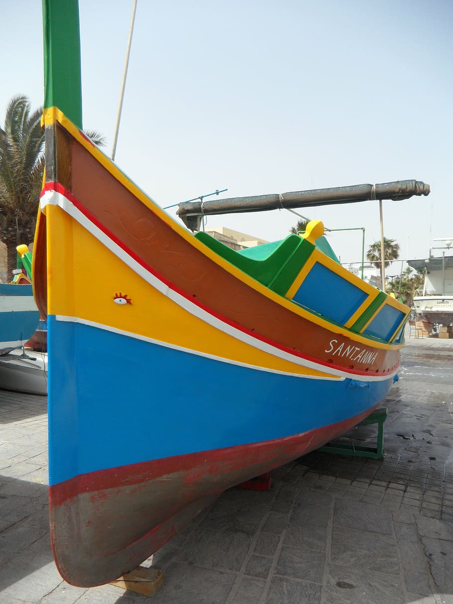luzzu, fishing boat, colorful boat, malta, marsaxlokk, eyes of osiris, phoenician, colorful, mode of transportation, nautical vessel