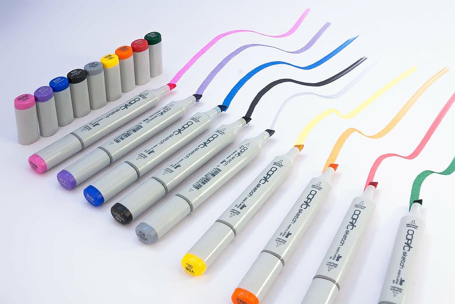 assorted permanent highlighers, marker, felt tip pens, writing implement, character device, colorful, color, leave, draw, sketch