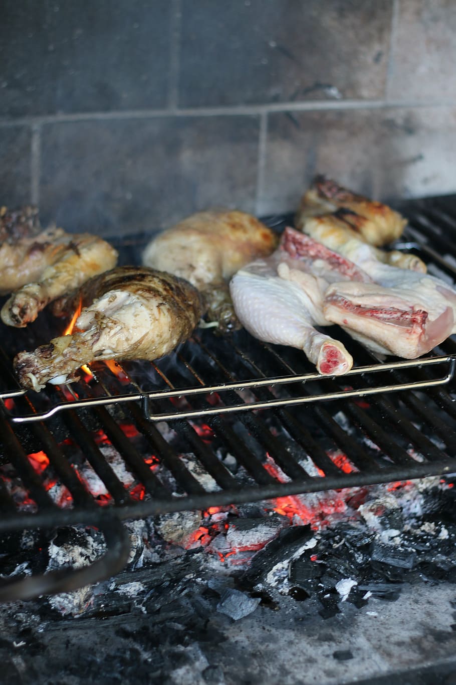 rustic, stone bbq, food, fire, charcoal, dinner, chicken legs, barbecue, food and drink, barbecue grill
