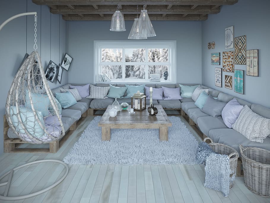 gray, corner sofa, throw, pillow, coffee table, inside, living, room, interior, house