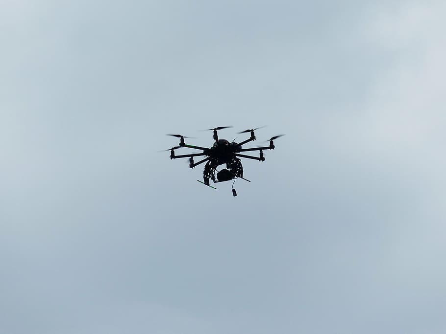 black, drone, flying, daytime, hexacopter, helicopter, model, camera, fly, sky