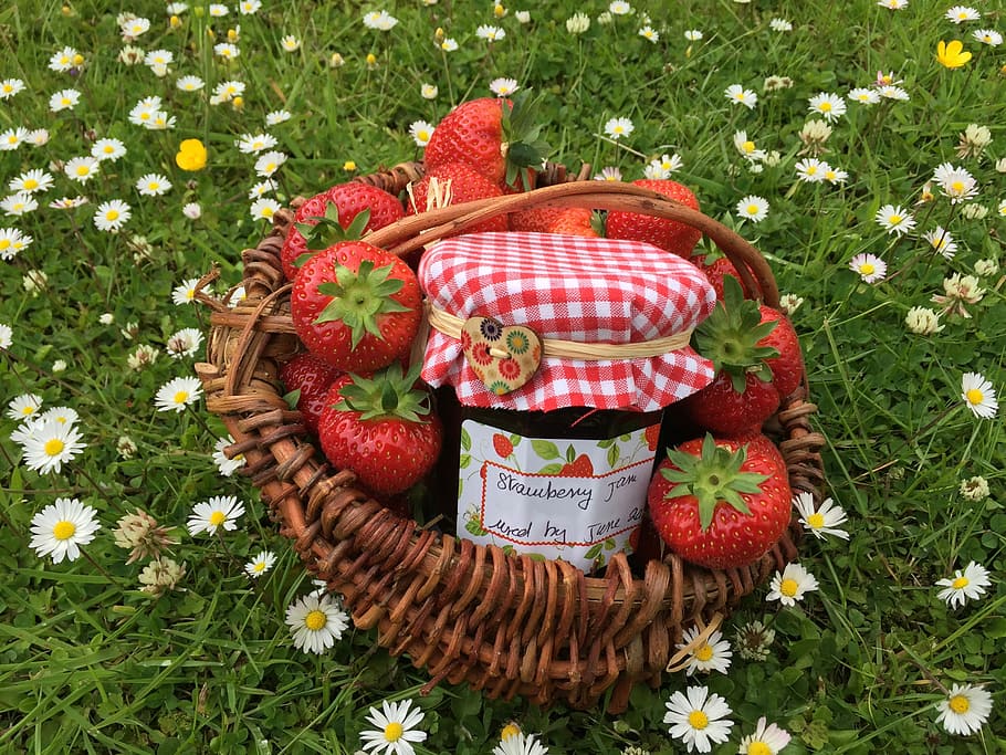 Strawberry Jam, basketwork, strawberry, homemade jam, daisies, homemade, basket, grass, fruit, freshness