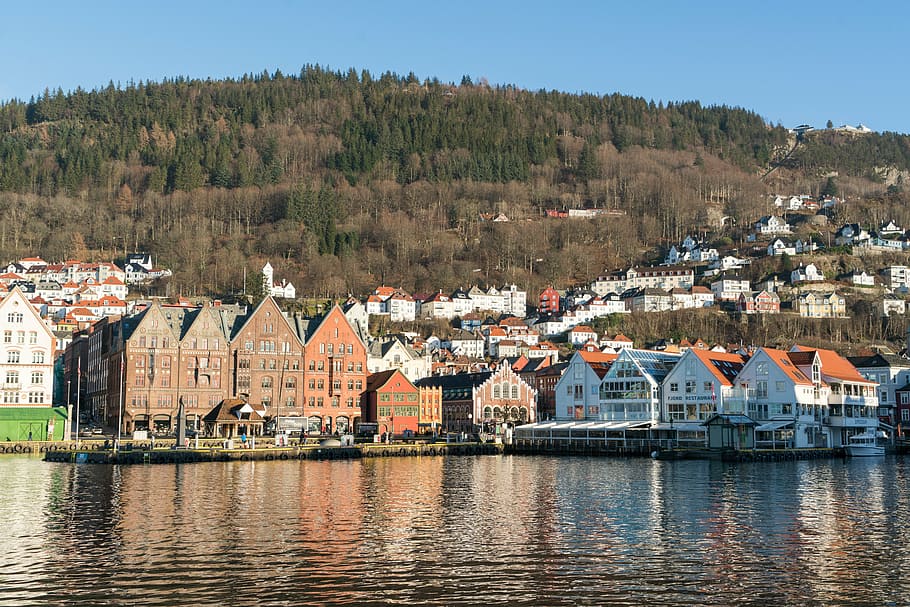 edificios de la ciudad, lago, bergen, noruega, arquitectura, puerto, agua, bryggen, escandinavia, europa