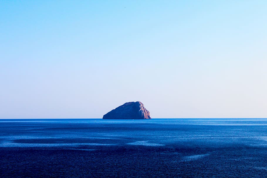 brown, island, blue, sky, daytime, ocean, cliff, rock, horizon, sea