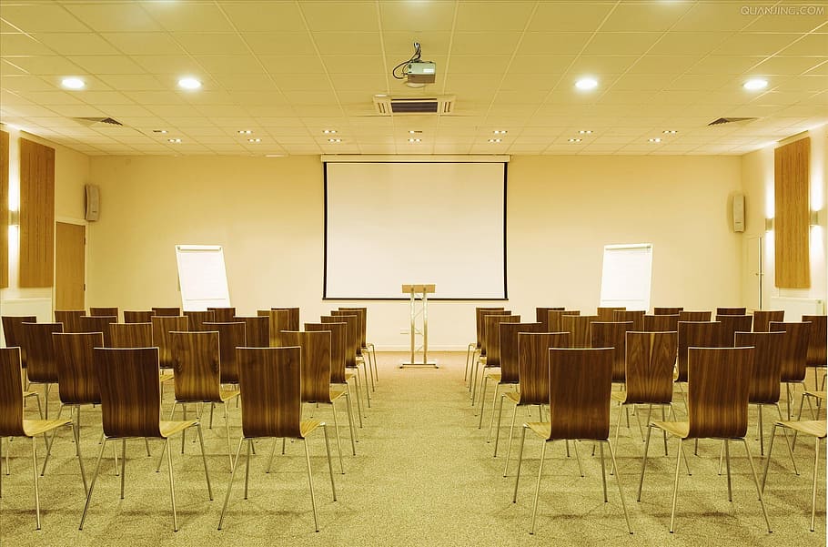 conference room, chair, warm colors, seat, indoors, absence, lighting equipment, school, flooring, education