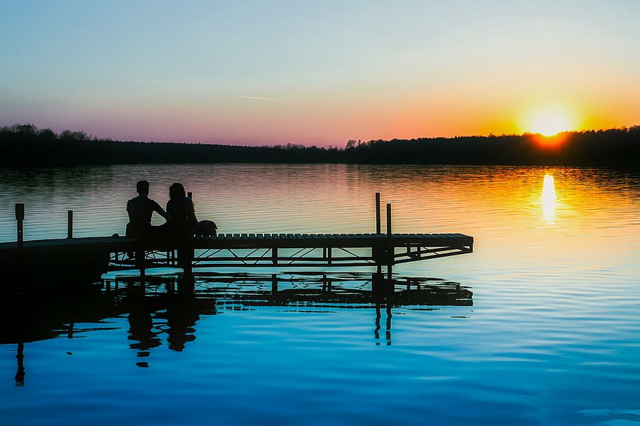 silhouette, two, people, sitting, docks, body, water, sunset, dusk, lake