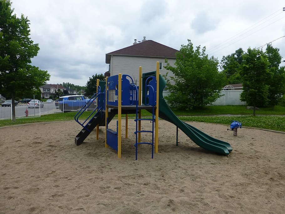Playground, Fun, Childhood, park, residential district, house, trees, outdoor play equipment, jungle gym, sand