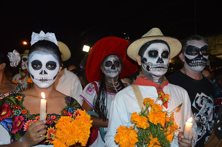 orang-orang, mengenakan, topeng gula tengkorak, halloween, diademuertos, animas, kematian, catrina, kerajinan, yucatan