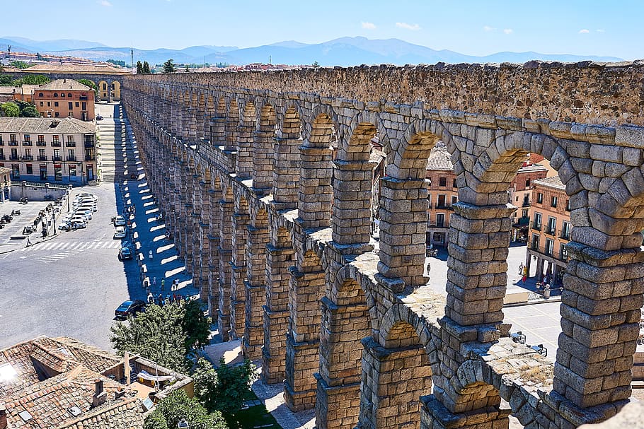 aerial, view photography, concrete, column wall, spain, segovia, aqueduct, world heritage, historical city centre, unesco world heritage site