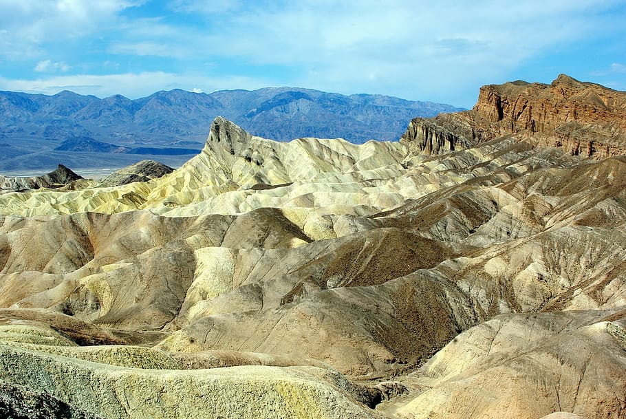 brown, mountains, blue, sky, usa, death valley, dunes, boron deposit, desert, panorama