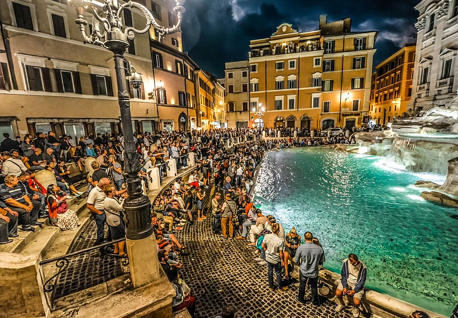 personas, sentado, escaleras, pintura al agua, Trevi, Fuente, Roma, Italia, italiano, romano