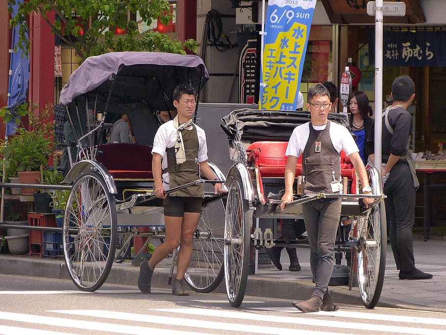 two, man, carrying, carriage, gray, road, daytime, Japan, Tokyo, Asakusa
