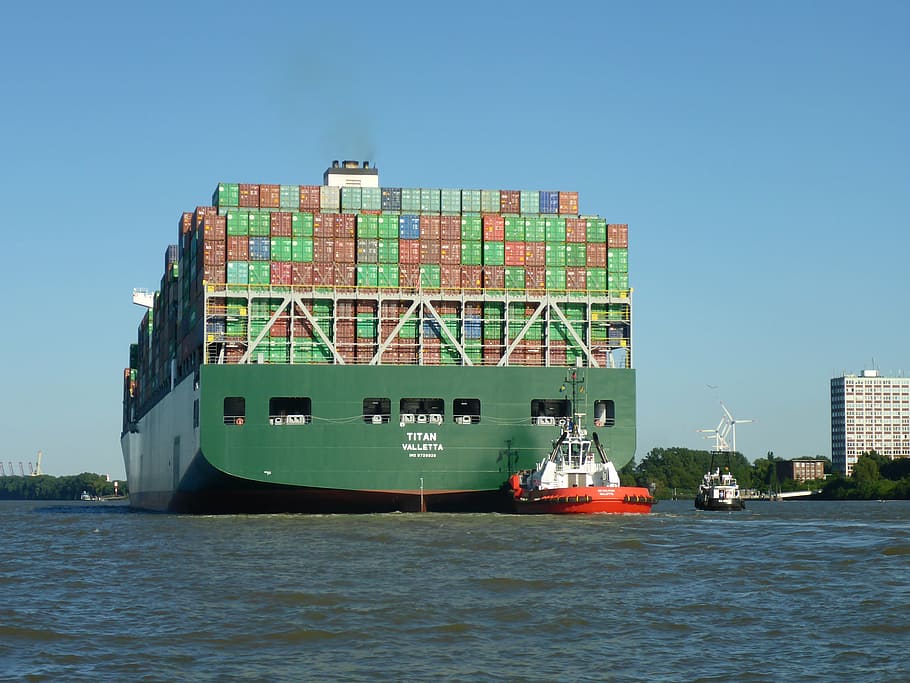 contenedor, portacontenedores, transporte, remolcador, marítimo, hamburgo, puerto, carguero, barco, manejo de contenedores