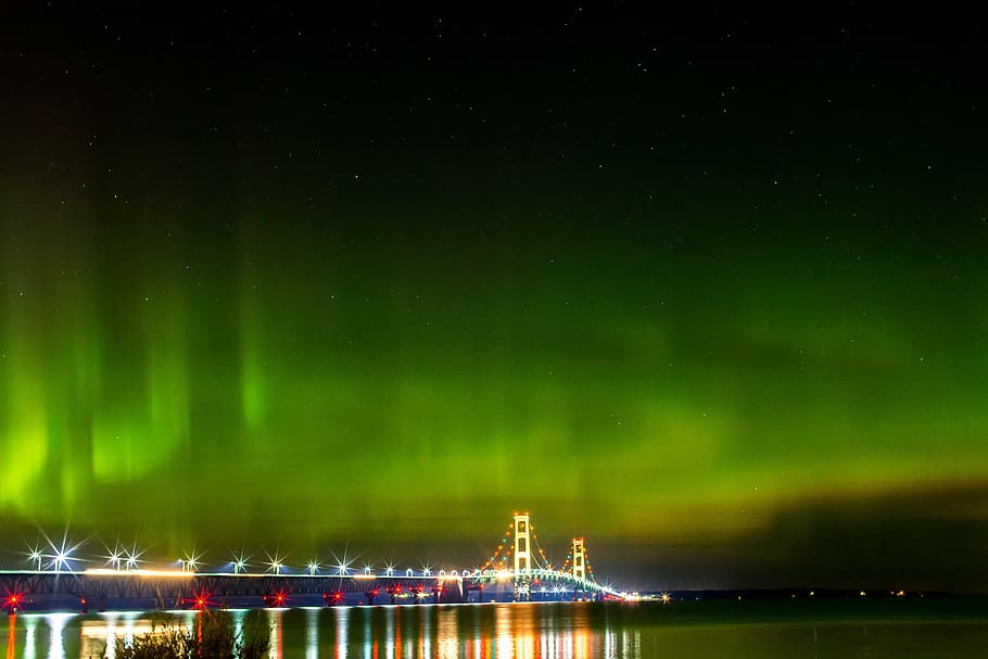 luzes do norte, ponte mackinac, michigan, luzes, aurora boreal, turismo, cênico, noite, porto, iluminado