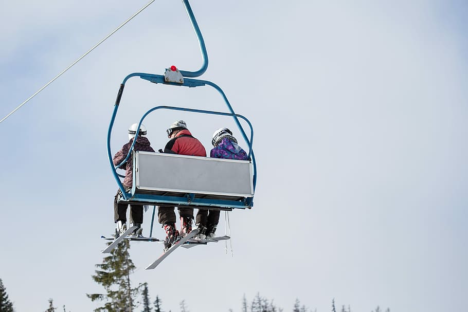 tiga, ski, lift, Pemain Ski, Ski Lift, dingin, keluarga, gunung, orang, ruang untuk teks