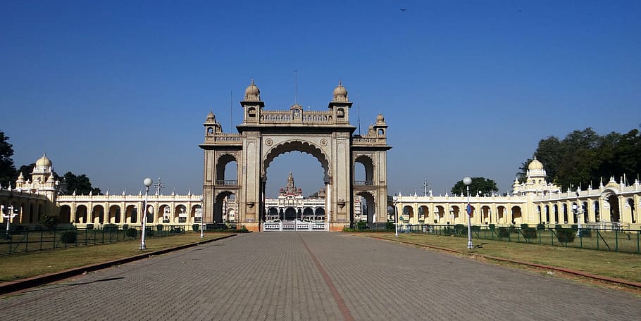 landscape photography, triompal arch, gate, mysore palace, architecture, landmark, entrance, structure, historic, travel