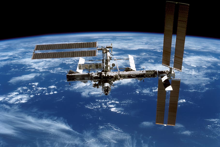 gray, satellite, space, international space station, iss, space station, construction, truss segment, solar array, earth
