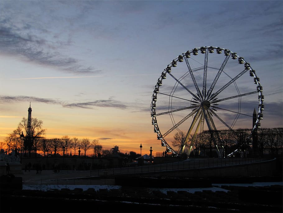 ferris wheel, sunset, sky, dusk, amusement park ride, amusement park, arts culture and entertainment, cloud - sky, architecture, nature
