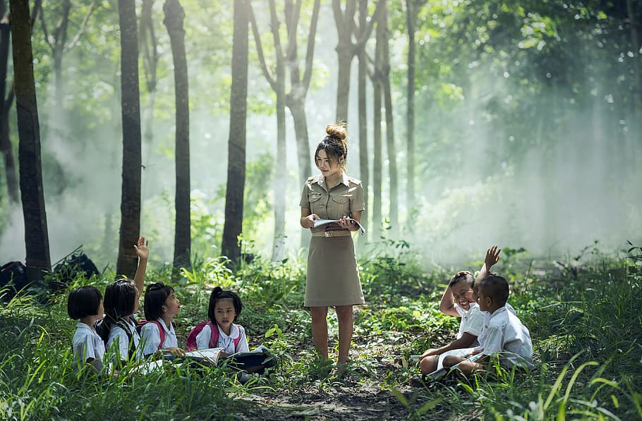 mujer, niños, bosque, durante el día, aprendizaje, maestro, escuela, al aire libre, pa, asia