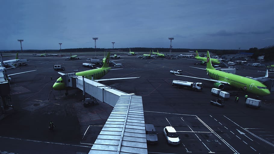 Aeroporto, Domodedovo, Companhia aérea, S7, Moscou, Rússia, avião, verde, multi cor, brilhante