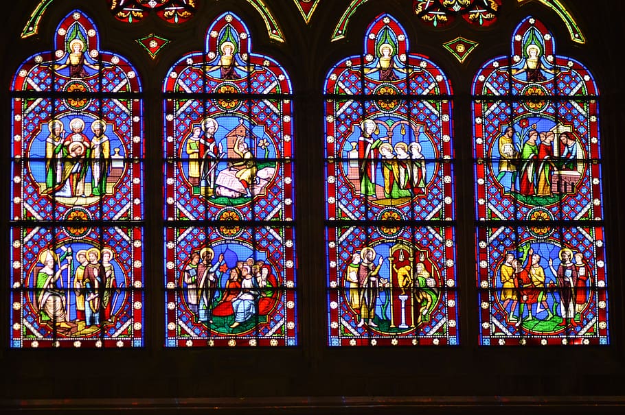 window, church, stained glass, cathedral, bayeux, episode, life, jesus, miracles, healings