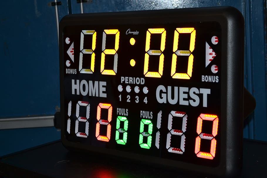 shot clock, basketball, home game, visitor, timer, scoreboard, black, display, time, home