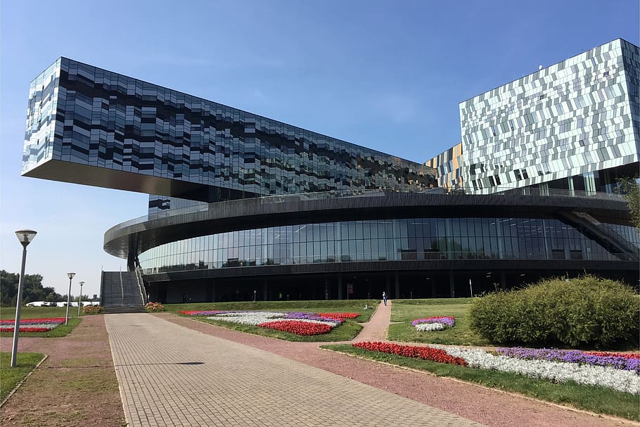 skolkovo, innovation center, russia, hi-tech, architecture, built structure, building exterior, sky, plant, nature