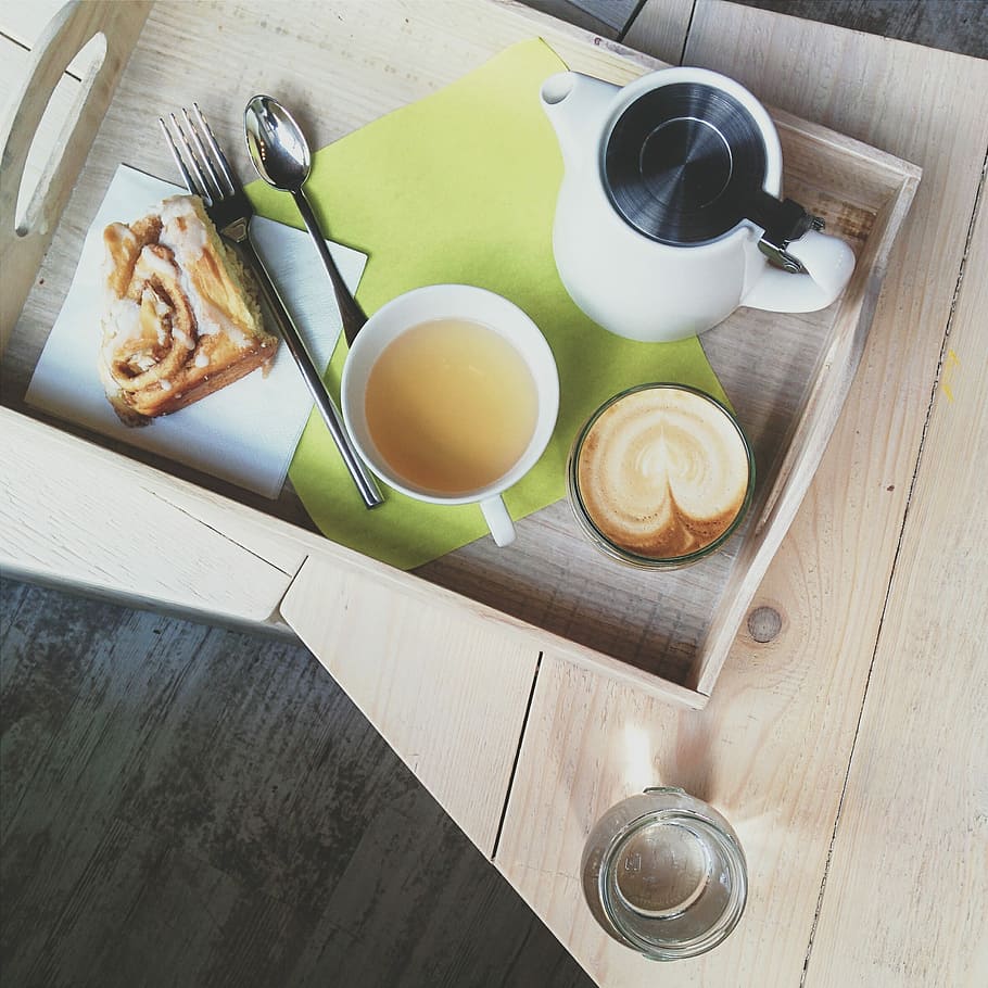 chá, rolo de canela, Cappuccino, café, chá verde, vista superior, madeira, xícara, comida, mesa