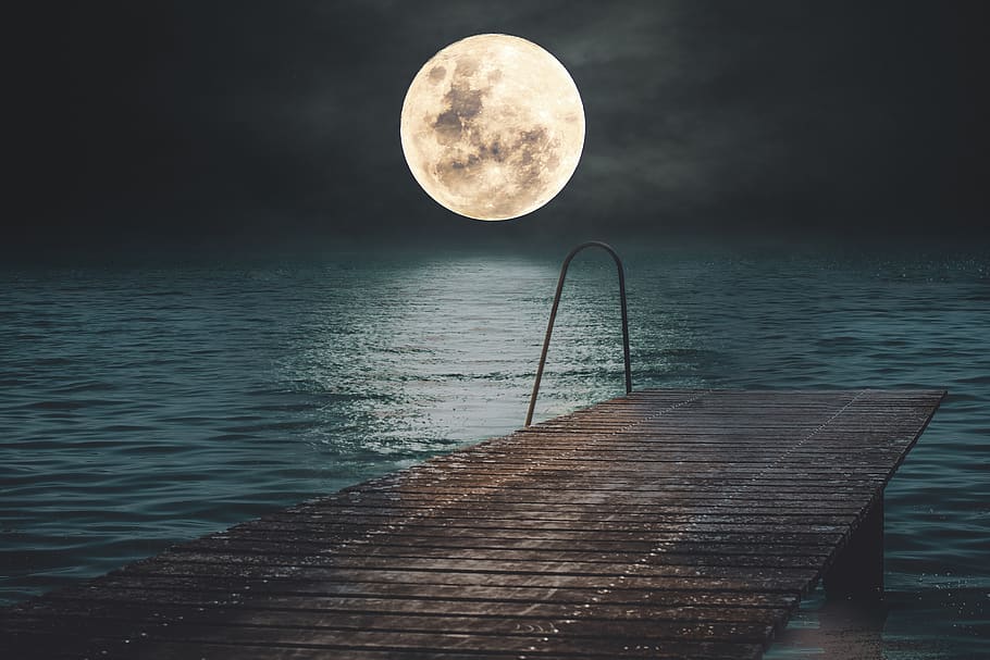 landscape, night, sea, moon, reflection, jetty, water, sky, beauty in nature, scenics - nature