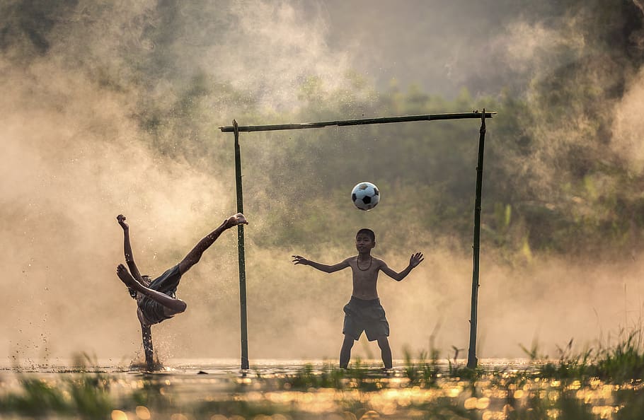children, football, asia, kick, ball, river, goal, soccer, mist, fog