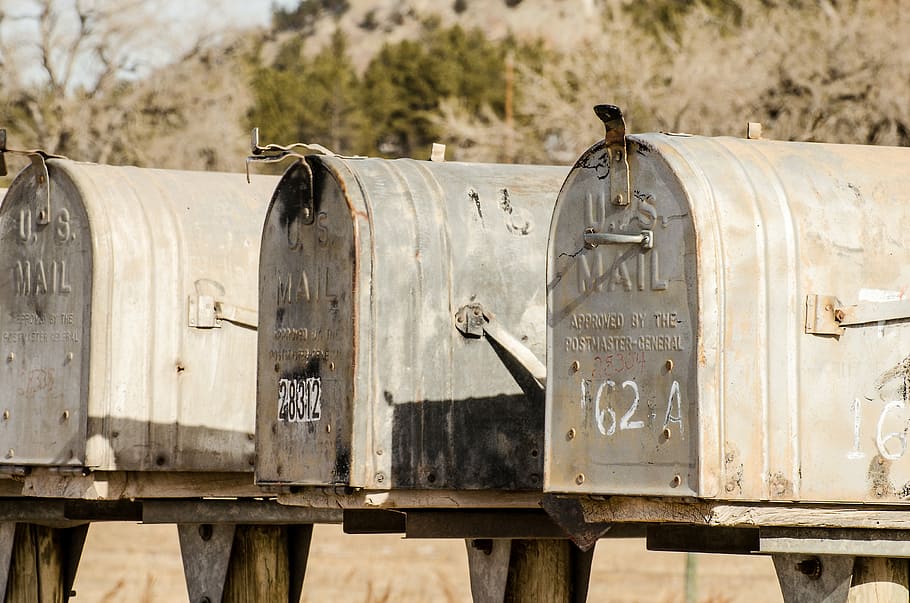 fotografia, três, cinza, nós, caixas de correio, caixa de correio, correio, caixa, correio rural, rota de correio