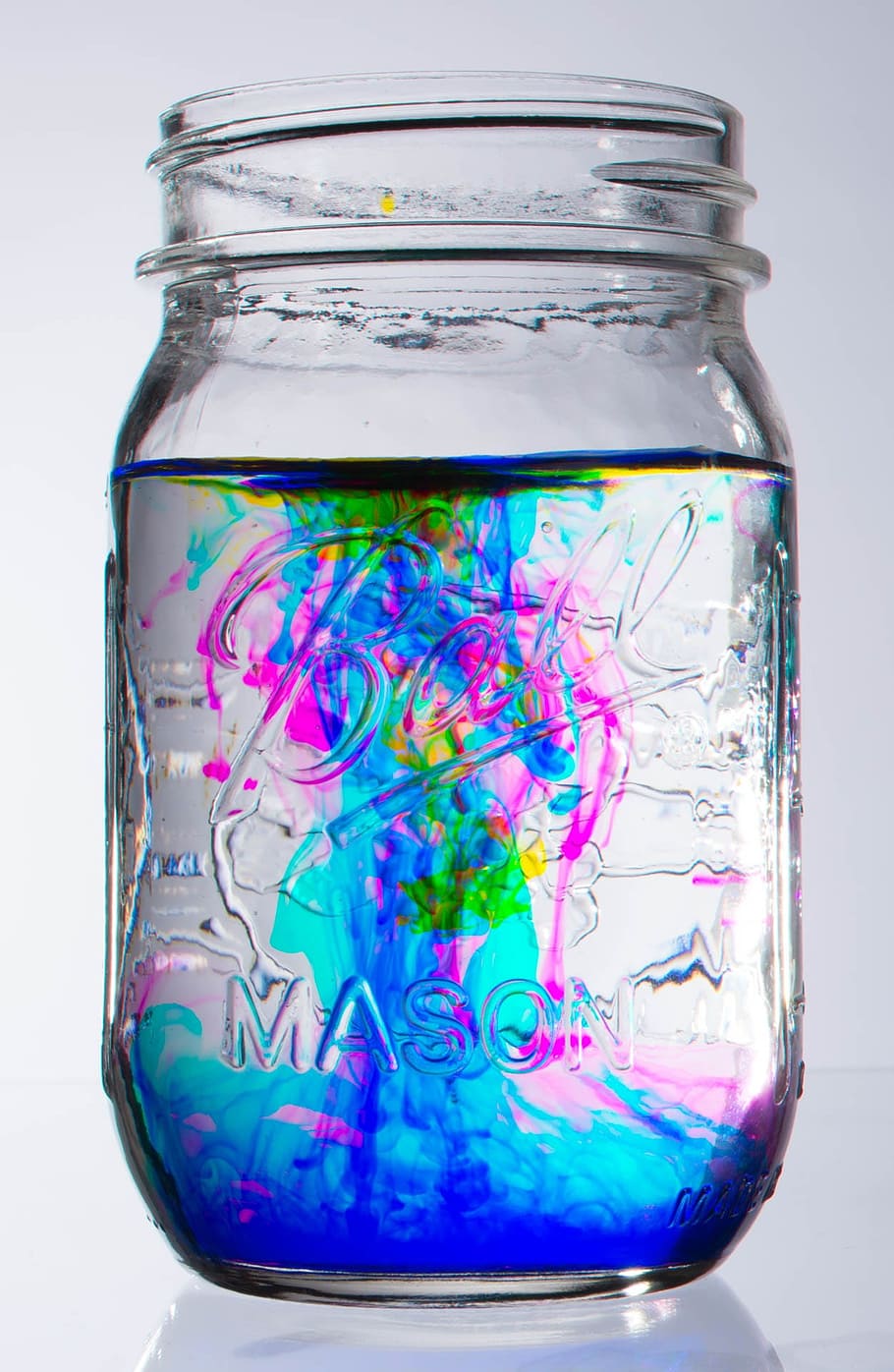 clear, glass ball mason jar, glass, Ball, Mason jar, jar, abstract, water, food coloring, swirl