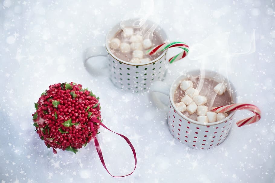 two, white, ceramic, mugs, filled, marshmallows, hot chocolate, snow, scarf, christmas