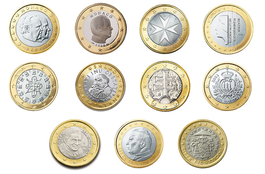 ラウンドシルバーとゴールド色のコインロット, ユーロ, 1, コイン, 通貨, ヨーロッパ, お金, 富, ビジネス, 金融