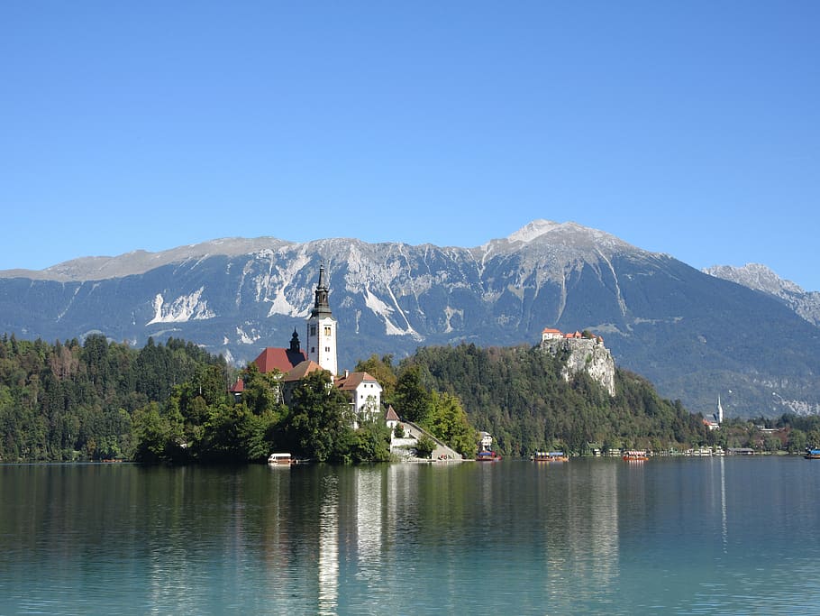 slovenia, lake bled, julian alps, mountain, sky, water, architecture, built structure, scenics - nature, clear sky
