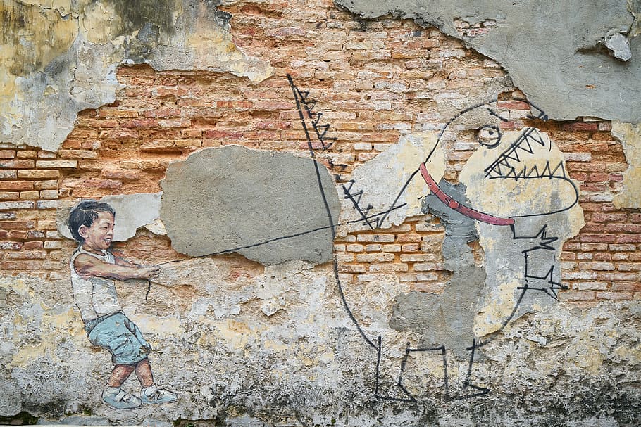 Niño, tirando, dinosaurio, correa de pintura mural, piedra, ladrillo, viejo, pared, graffiti, arte