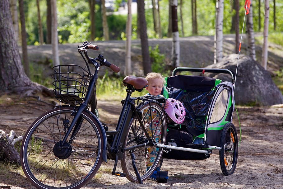 Promenade, Bike, Child, Forest, Bicycle, trailer, nature, transportation, day, outdoors