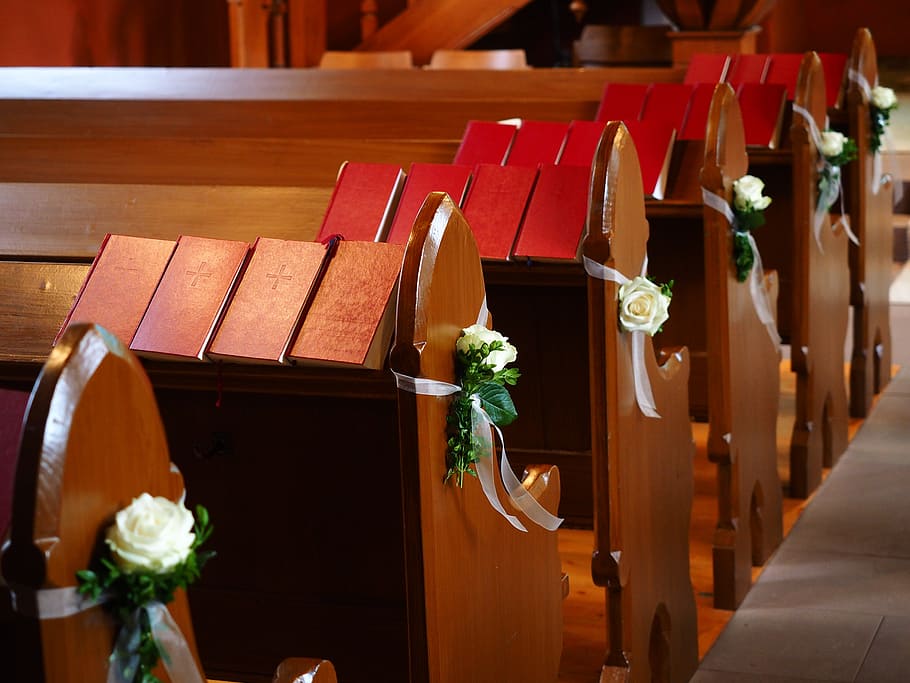 books, pew chairs, church pews, benches, decoration, roses, wedding, wedding decoration, church, song books