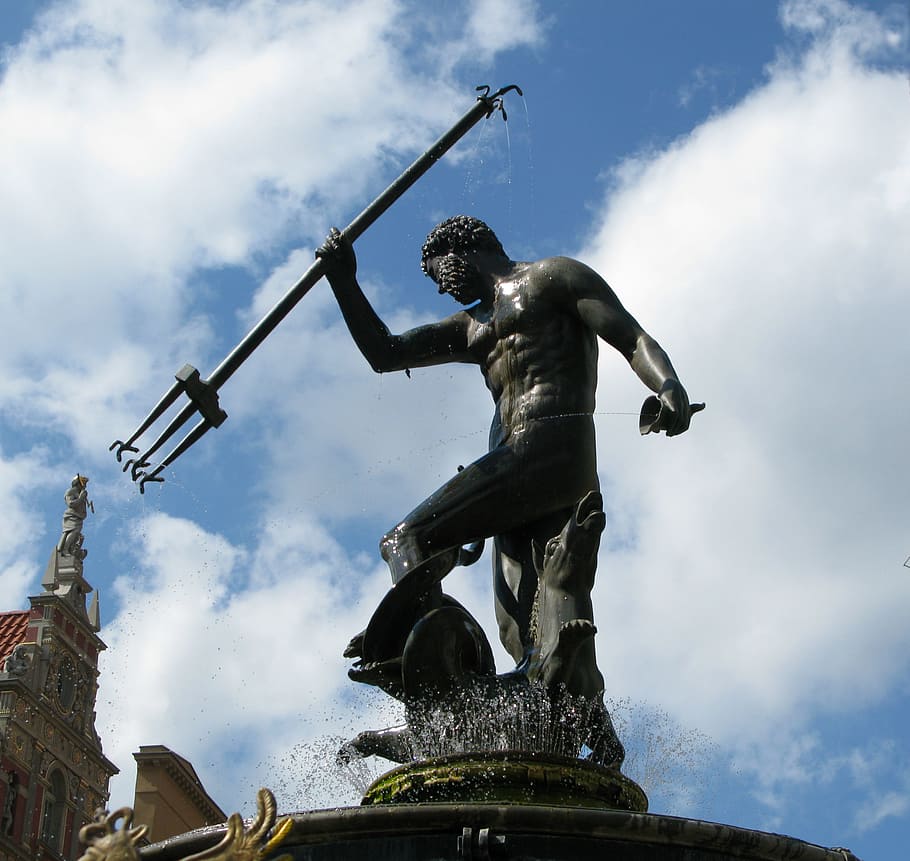 Netuno, Gdansk, Polônia, Fonte, arquitetura, Europa, turismo, velho, urbano, monumento