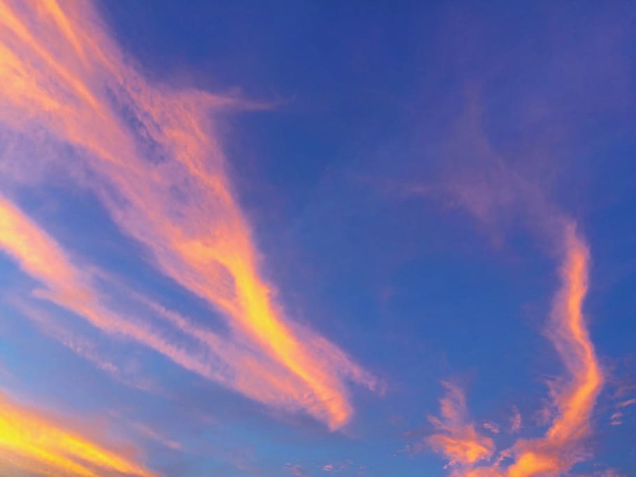 al anochecer, tarde, cielo azul, nube rosada, nube, otoño, vívido, naranja, huang, azul