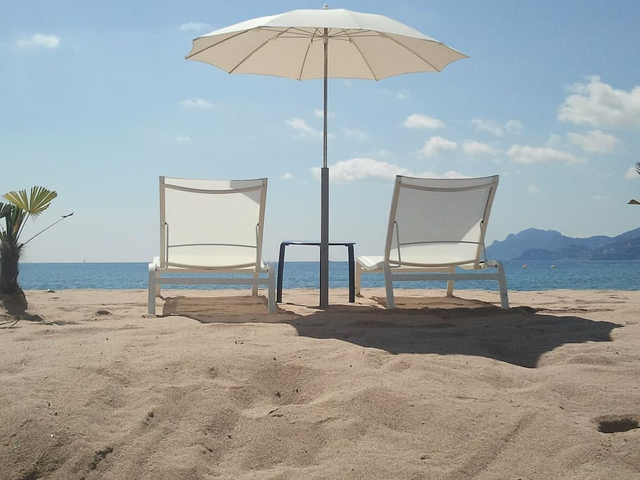 white, lounge chairs, seashore, holiday, beach, summer, relax, france, cannes, sand