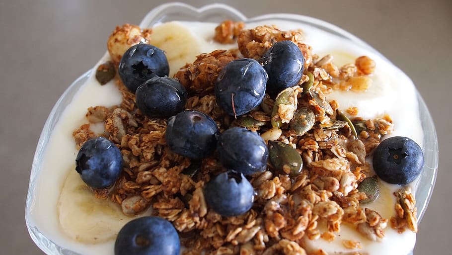 iogurte, granola, mirtilos, frutas, parfait, café da manhã, comida, saudável, comida e bebida, bem-estar