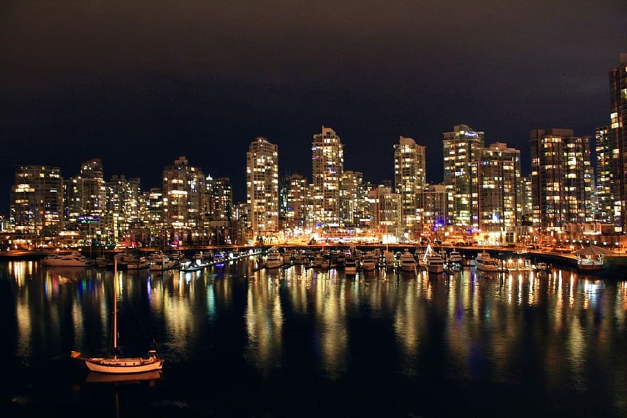 night skyline, across, water, vancouver, Night, Skyline, across the water, Vancouver, British Columbia, Canada, dark