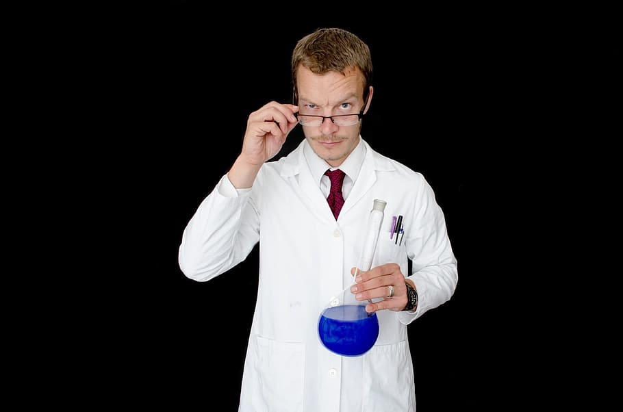 man, wearing, laboratory gown, eyeglsses, coat, people, laboratory, lab, glass, liquid